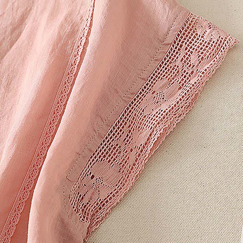 Buddha Stones Summer Casual Simple Drawstring Elastic Hem Solid Ramie Women's Short Sleeve T-Shirts - image 4