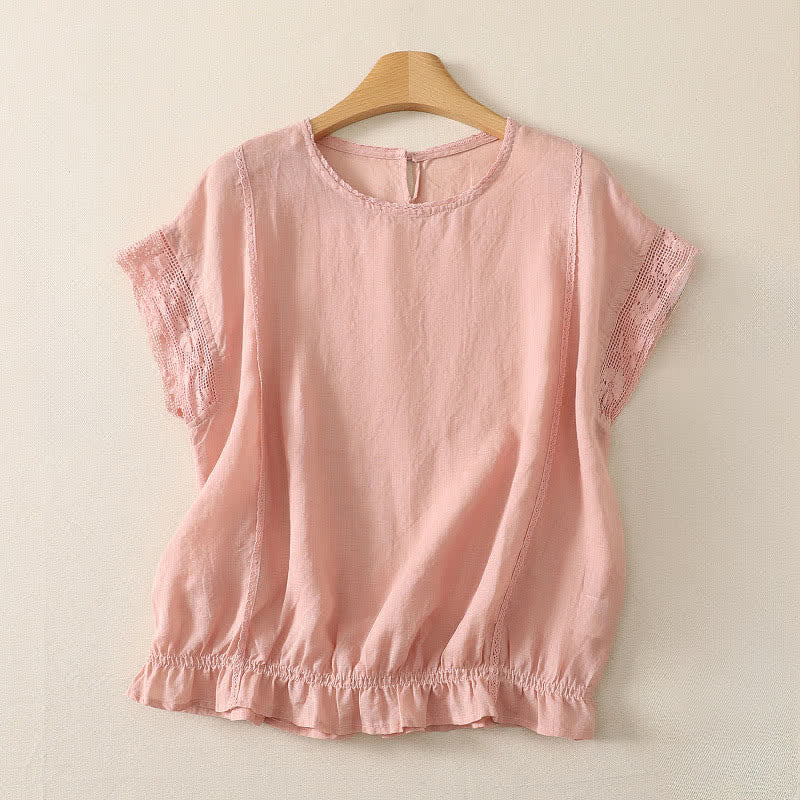 Buddha Stones Summer Casual Simple Drawstring Elastic Hem Solid Ramie Women's Short Sleeve T-Shirts - LightPink - US12, UK/AU16, EU44 (3XL) - image 0