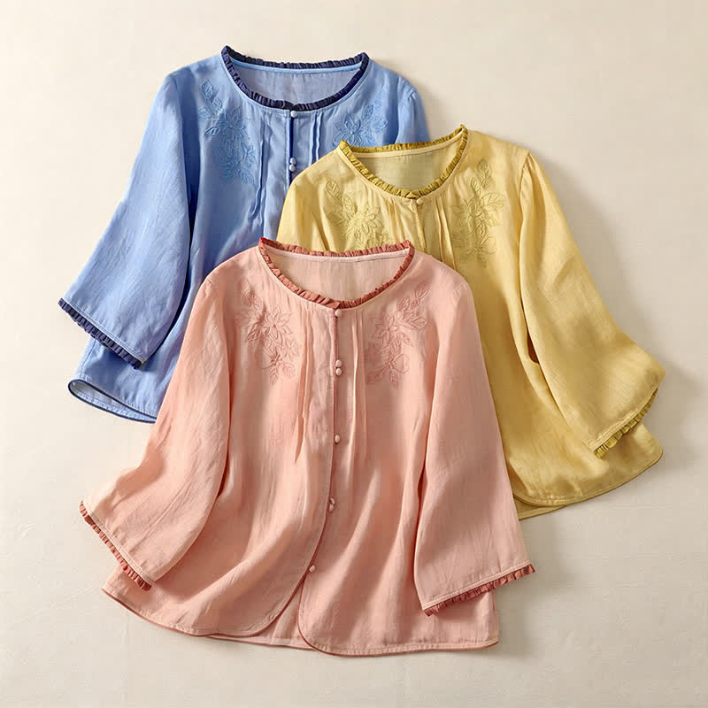 Buddha Stones Spring Summer Casual Elegant Embroidery Floral Leaves Button-Up Women's Long Sleeve Shirts - image 18