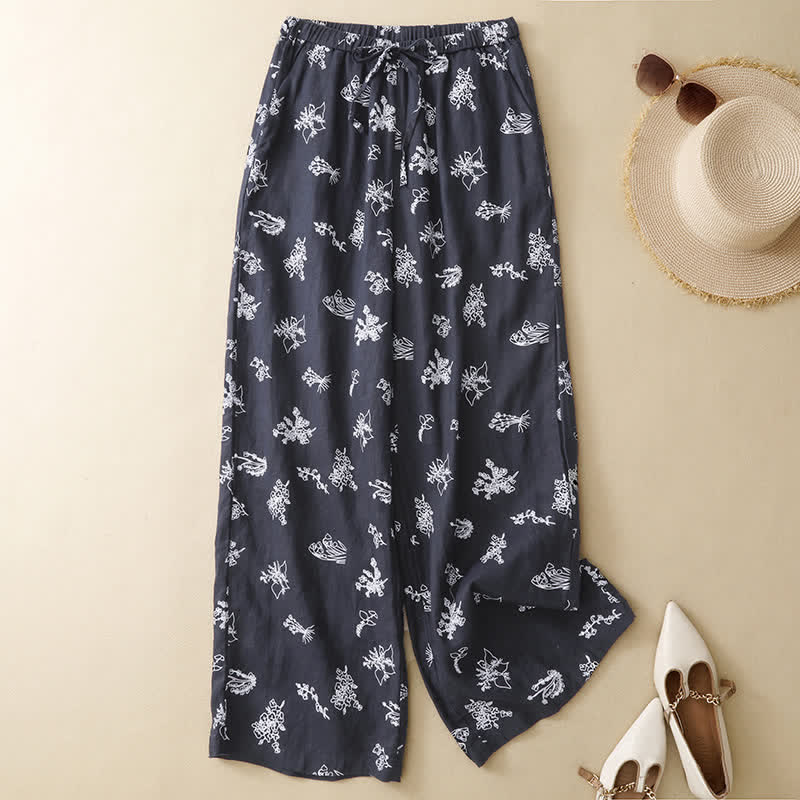 Buddha Stones Summer Casual Vintage Drawstring Floral Ankle Pants Women's Wide Leg Pants With Pocket - SaddleBrown - US8-10, UK/AU12-14, EU40-42 (2XL) - image 0