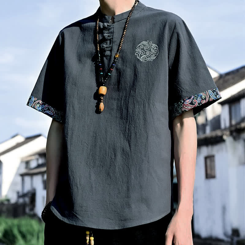 Buddha Stones Summer Tang Style Casual Frog Button Embroidery Men's Short Sleeve Shirts - image 3