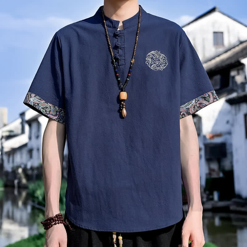 Buddha Stones Summer Tang Style Casual Frog Button Embroidery Men's Short Sleeve Shirts - image 19
