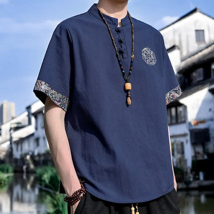 Buddha Stones Summer Tang Style Casual Frog Button Embroidery Men's Short Sleeve Shirts - image 14