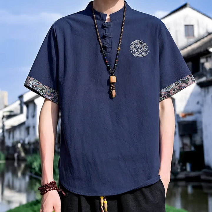 Buddha Stones Summer Tang Style Casual Frog Button Embroidery Men's Short Sleeve Shirts - DarkBlue - US/UK/AU46, EU56 (5XL) - image 13