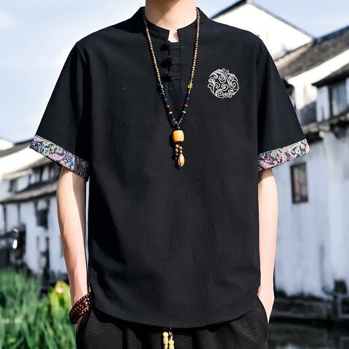 Buddha Stones Summer Tang Style Casual Frog Button Embroidery Men's Short Sleeve Shirts - image 12