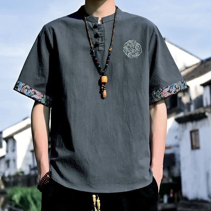 Buddha Stones Summer Tang Style Casual Frog Button Embroidery Men's Short Sleeve Shirts - DimGray - US/UK/AU46, EU56 (5XL) - image 1