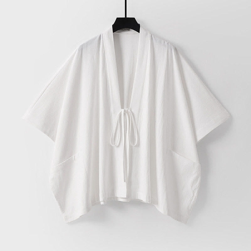 Buddha Stones Summer Minimalist Drawstring Lace-up Solid Short Sleeve Men's Kimono With Pockets - White - US/UK/AU40, EU50 (L) - image 13