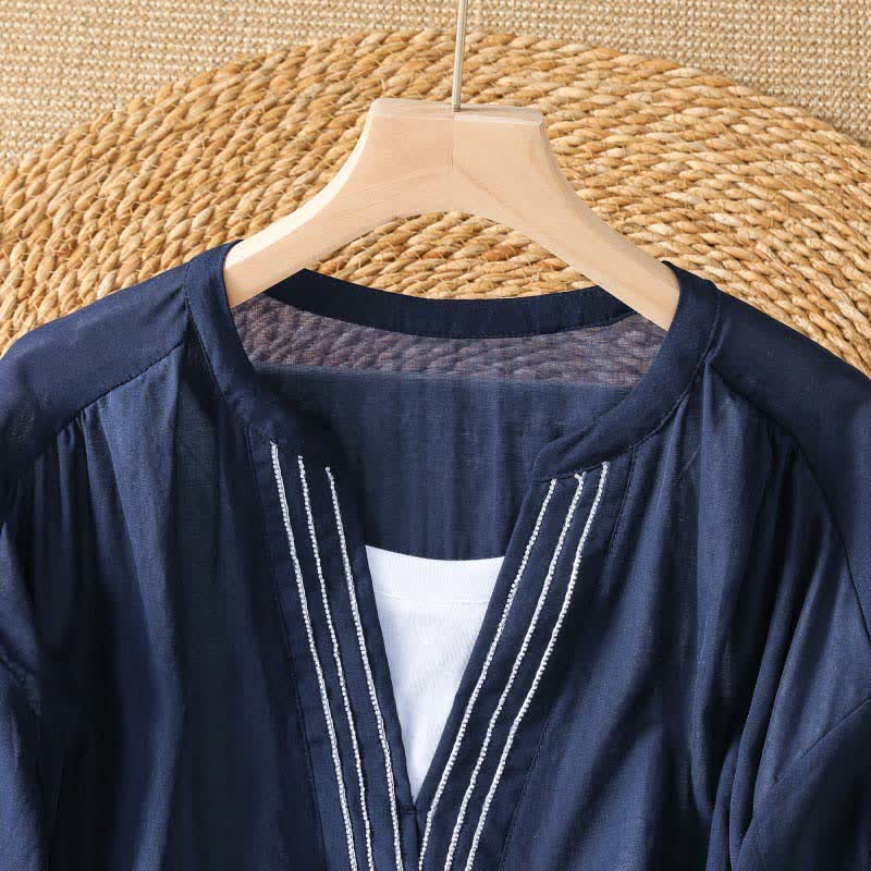Buddha Stones Summer Casual Simple Solid V-Neck Lines Women's Short Sleeve T-Shirts - image 2