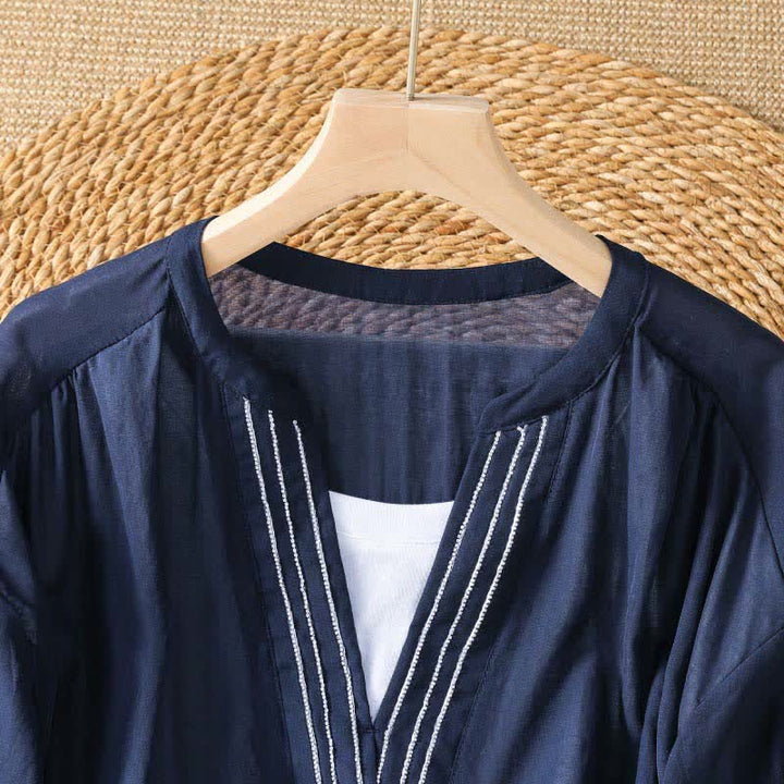 Buddha Stones Summer Casual Simple Solid V-Neck Lines Women's Short Sleeve T-Shirts - image 2