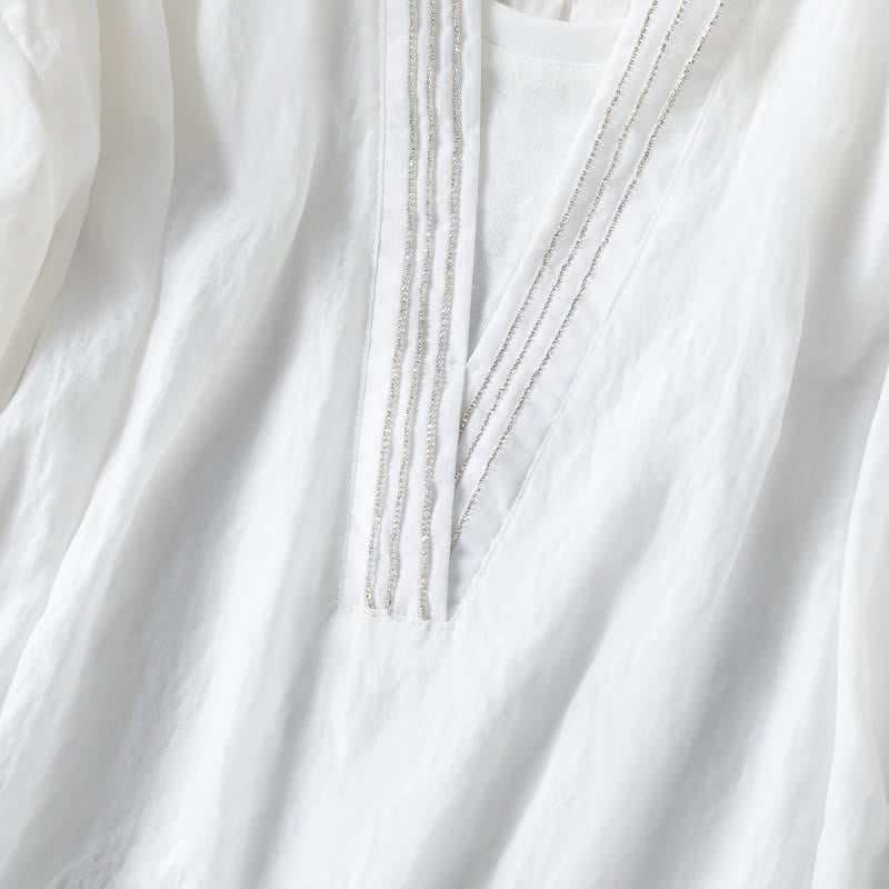 Buddha Stones Summer Casual Simple Solid V-Neck Lines Women's Short Sleeve T-Shirts - image 9