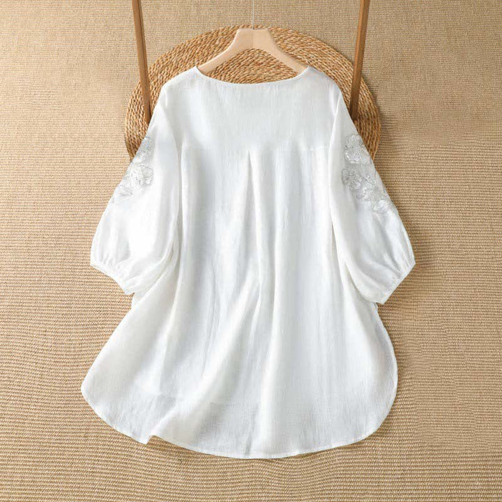 Buddha Stones Summer Casual Elegant Embroidery White Floral Crew Neck Women's Long Sleeve T-Shirt - image 7