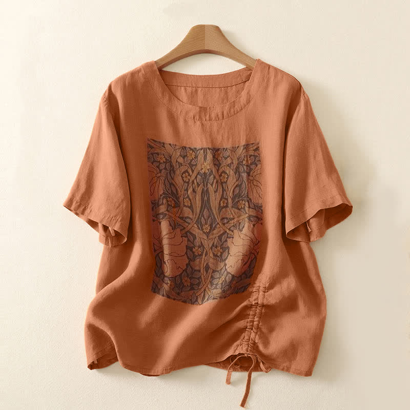 Buddha Stones Summer Casual Vintage Drawstring Abstract Flowers Print Women's Short Sleeve T-Shirts - Coral - US8-10, UK/AU12-14, EU40-42 (2XL) - image 9