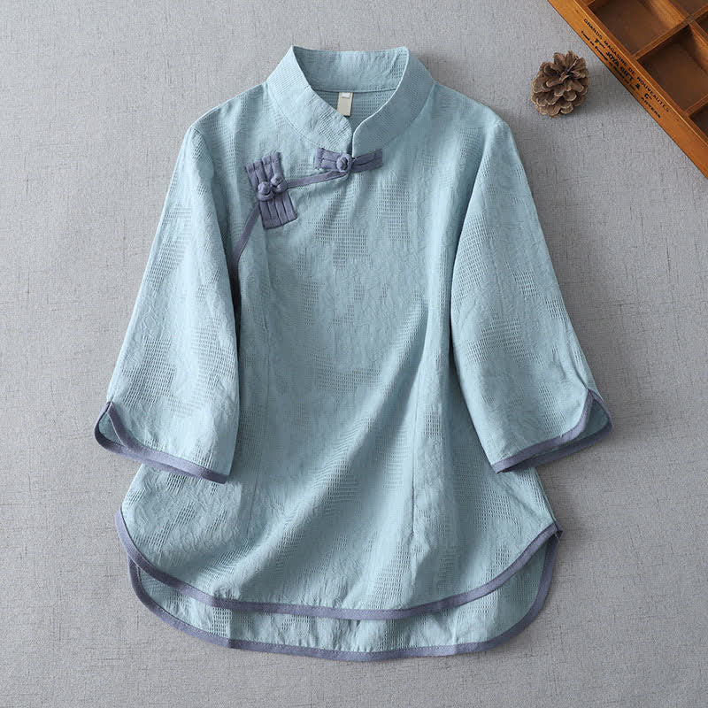 Buddha Stones Summer Tang Style Minimalist Mandarin Collar Frog Button Solid Women's Short Sleeve Shirts - PowderBlue - US12, UK/AU16, EU44 (3XL) - image 6