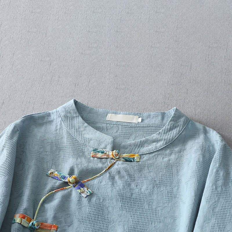 Buddha Stones Summer Tang Style Casual Frog Button Solid Women's Elbow-Length Sleeve Shirts - image 5