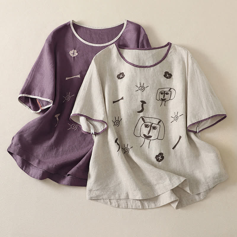 Buddha Stones Summer Casual Vintage Abstract Sun Flowers Character Embroidery Women's Short Sleeve T-Shirts - image 14