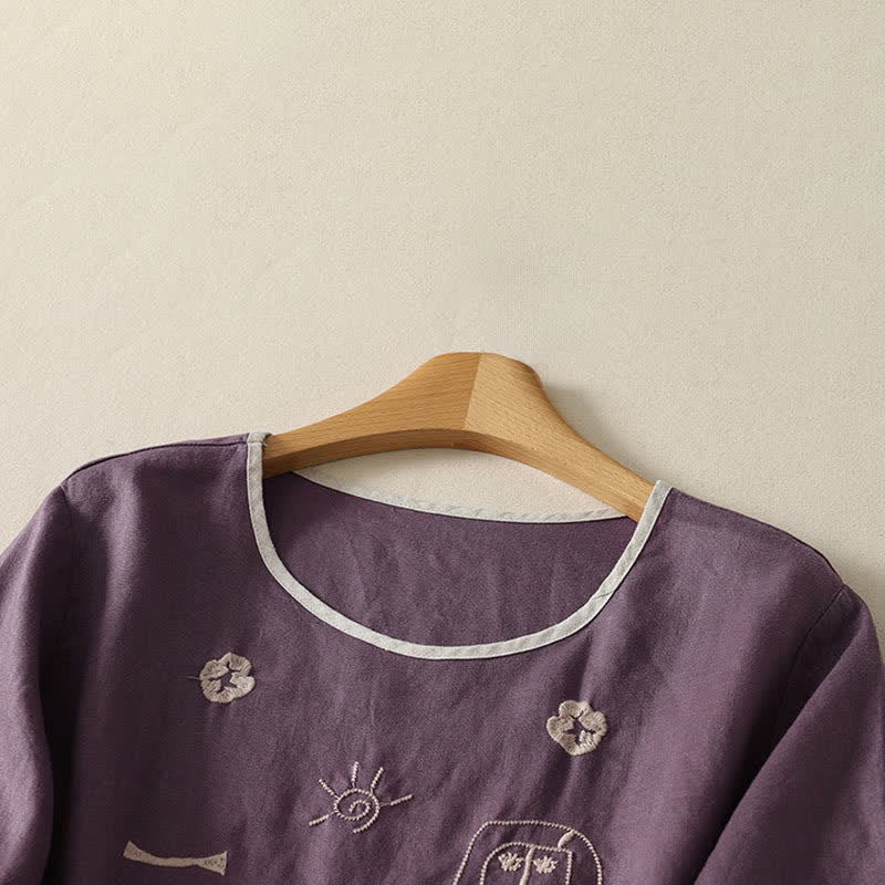Buddha Stones Summer Casual Vintage Abstract Sun Flowers Character Embroidery Women's Short Sleeve T-Shirts - image 1
