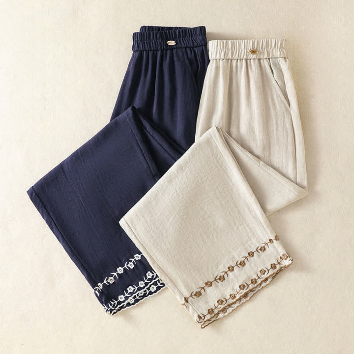 Buddha Stones Summer Casual Vintage Embroidery Floral Cropped Pants Women's Straight Leg Pants With Pocket - image 15