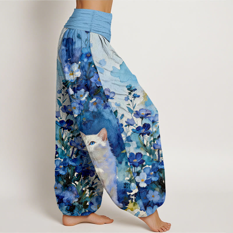 Buddha Stones Pure Cotton Floral White Cat Pattern Women's Elastic Waist Harem Pants - image 2