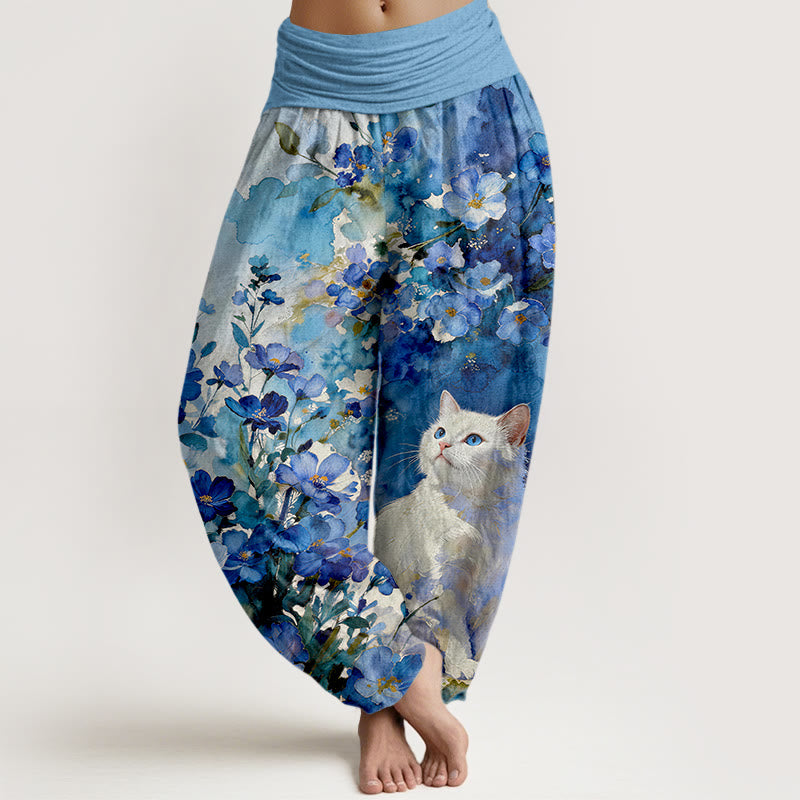 Buddha Stones Pure Cotton Floral White Cat Pattern Women's Elastic Waist Harem Pants - LightSkyBlue - US16，UK/AU20，EU48 (3XL) - image 0