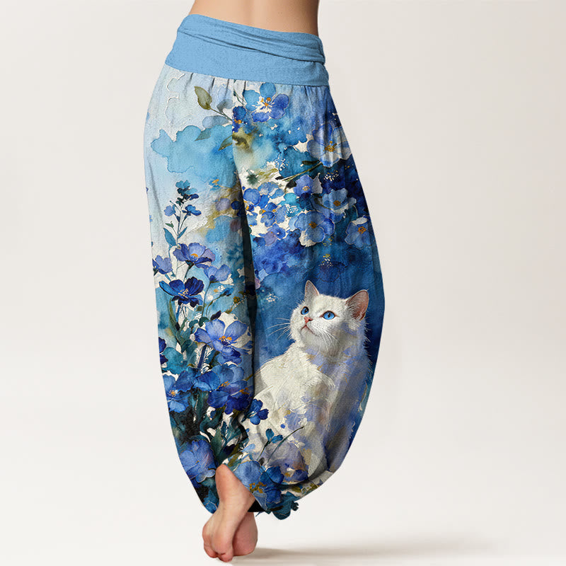 Buddha Stones Pure Cotton Floral White Cat Pattern Women's Elastic Waist Harem Pants - image 1