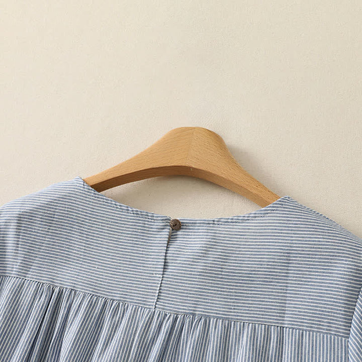 Buddha Stones Summer Casual Simple Side Slit Striped Women's Short Sleeve Dresses With Pocket - image 3