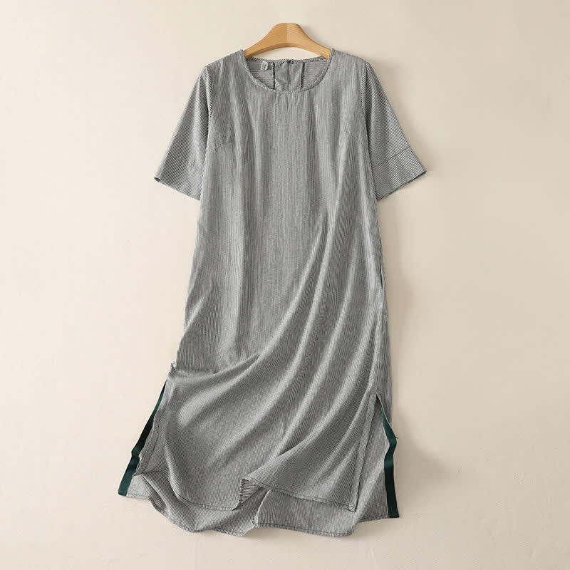 Buddha Stones Summer Casual Simple Side Slit Striped Women's Short Sleeve Dresses With Pocket - Black - US14, UK/AU18, EU46 (2XL) - image 9