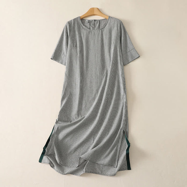 Buddha Stones Summer Casual Simple Side Slit Striped Women's Short Sleeve Dresses With Pocket - Black - US14, UK/AU18, EU46 (2XL) - image 9