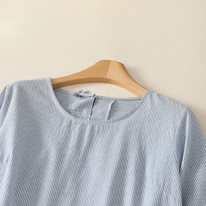Buddha Stones Summer Casual Simple Side Slit Striped Women's Short Sleeve Dresses With Pocket - image 2