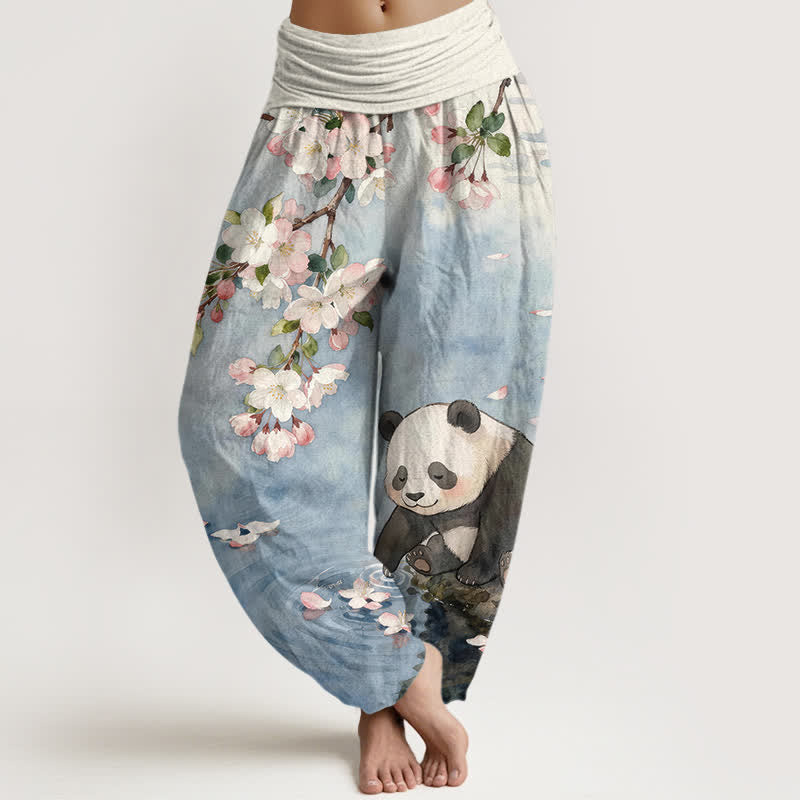 Buddha Stones Pure Cotton Cherry Blossom Panda Pattern Women's Elastic Waist Harem Pants - LightSteelBlue - US16，UK/AU20，EU48 (3XL) - image 0