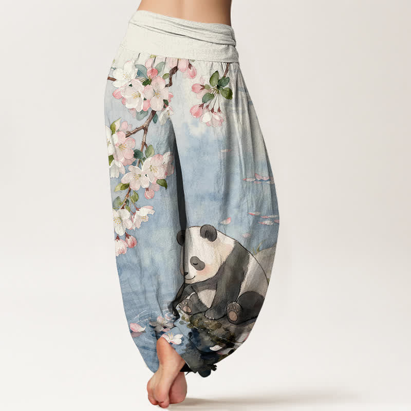 Buddha Stones Pure Cotton Cherry Blossom Panda Pattern Women's Elastic Waist Harem Pants - image 1