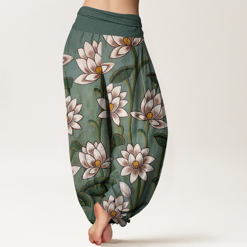 Buddha Stones Pure Cotton Lotus Bloom Pattern Women's Elastic Waist Harem Pants - image 2