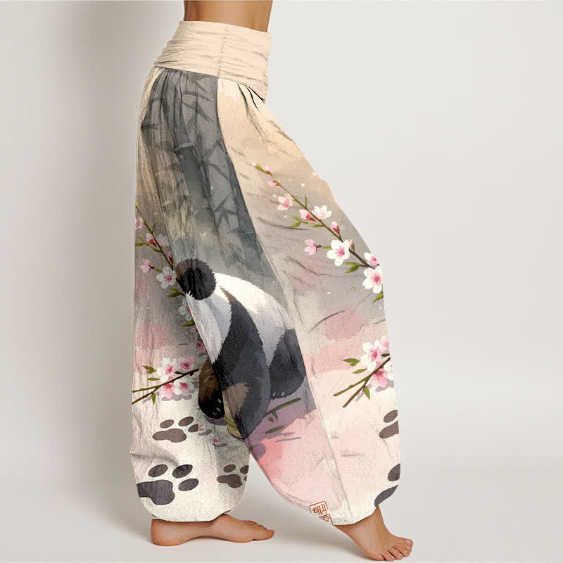 Buddha Stones Pure Cotton Panda Bamboo Blossom Pattern Women's Elastic Waist Harem Pants - image 2
