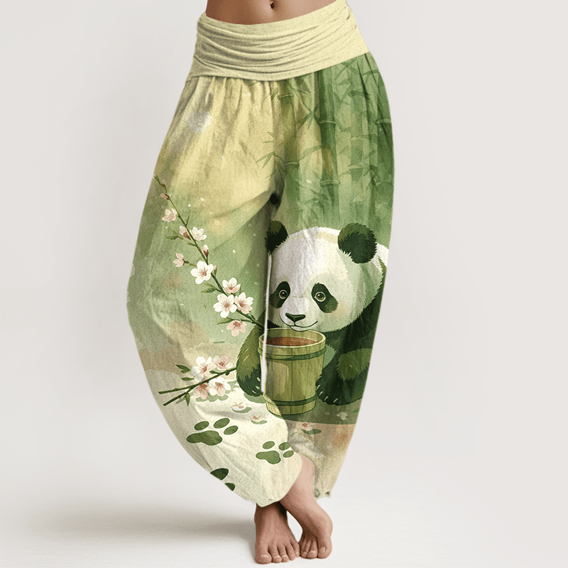 Buddha Stones Pure Cotton Panda Bamboo Blossom Pattern Women's Elastic Waist Harem Pants - YellowGreen - US16，UK/AU20，EU48 (3XL) - image 5