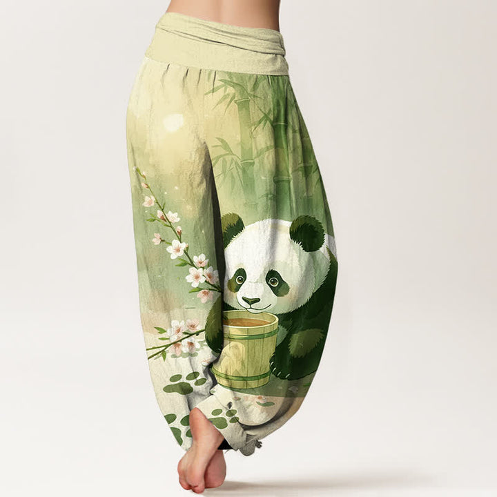Buddha Stones Pure Cotton Panda Bamboo Blossom Pattern Women's Elastic Waist Harem Pants - image 6