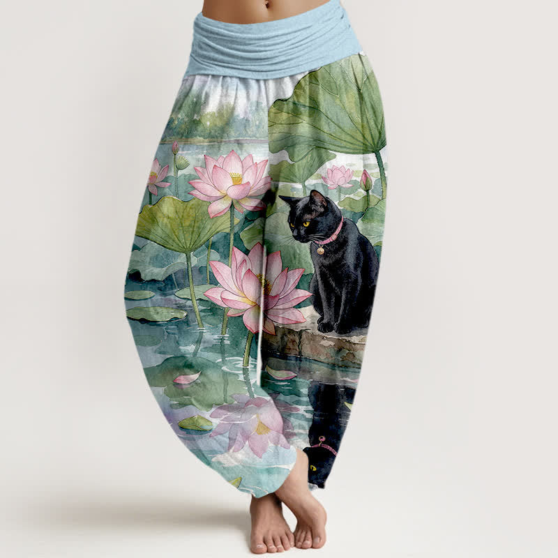 Buddha Stones Pure Cotton Lotus Black Cat Pattern Women's Elastic Waist Harem Pants - LightBlue - US16，UK/AU20，EU48 (3XL) - image 0