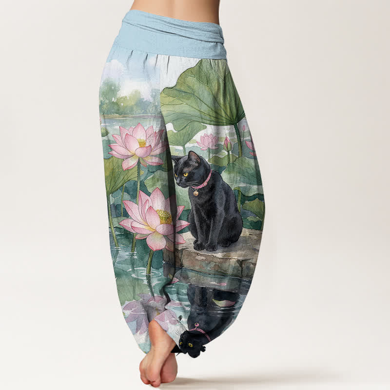 Buddha Stones Pure Cotton Lotus Black Cat Pattern Women's Elastic Waist Harem Pants - image 1