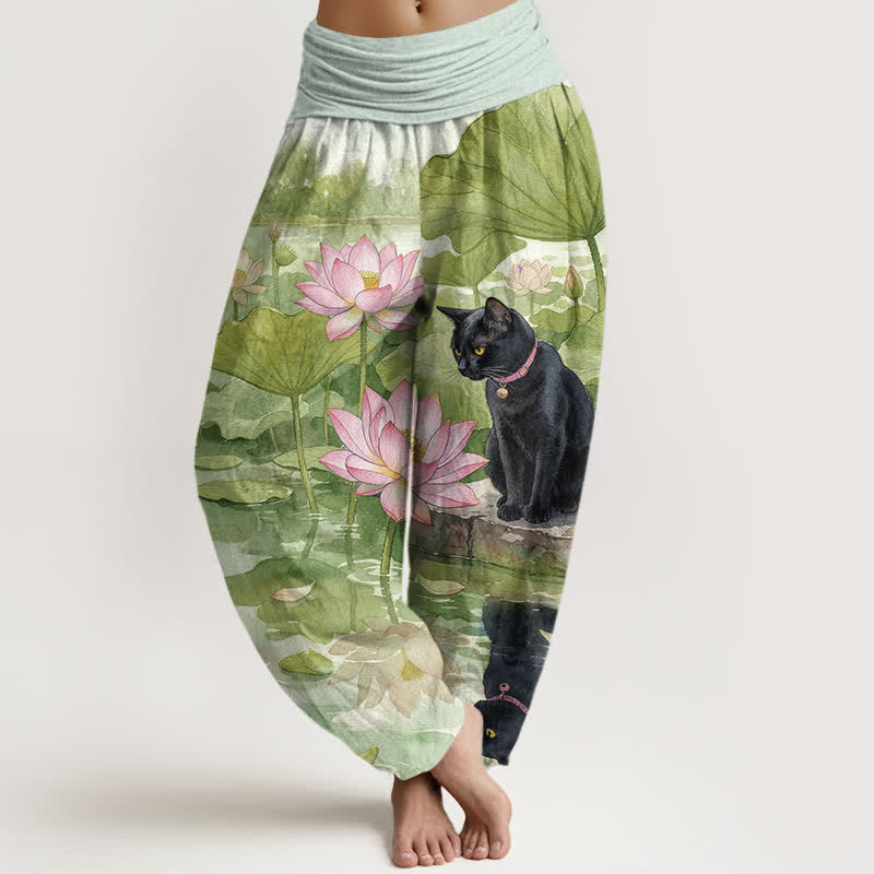 Buddha Stones Pure Cotton Lotus Black Cat Pattern Women's Elastic Waist Harem Pants - YellowGreen - US16，UK/AU20，EU48 (3XL) - image 5