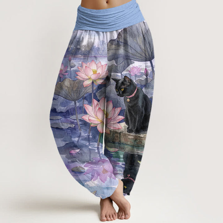 Buddha Stones Pure Cotton Lotus Black Cat Pattern Women's Elastic Waist Harem Pants - MediumPurple - US16，UK/AU20，EU48 (3XL) - image 8