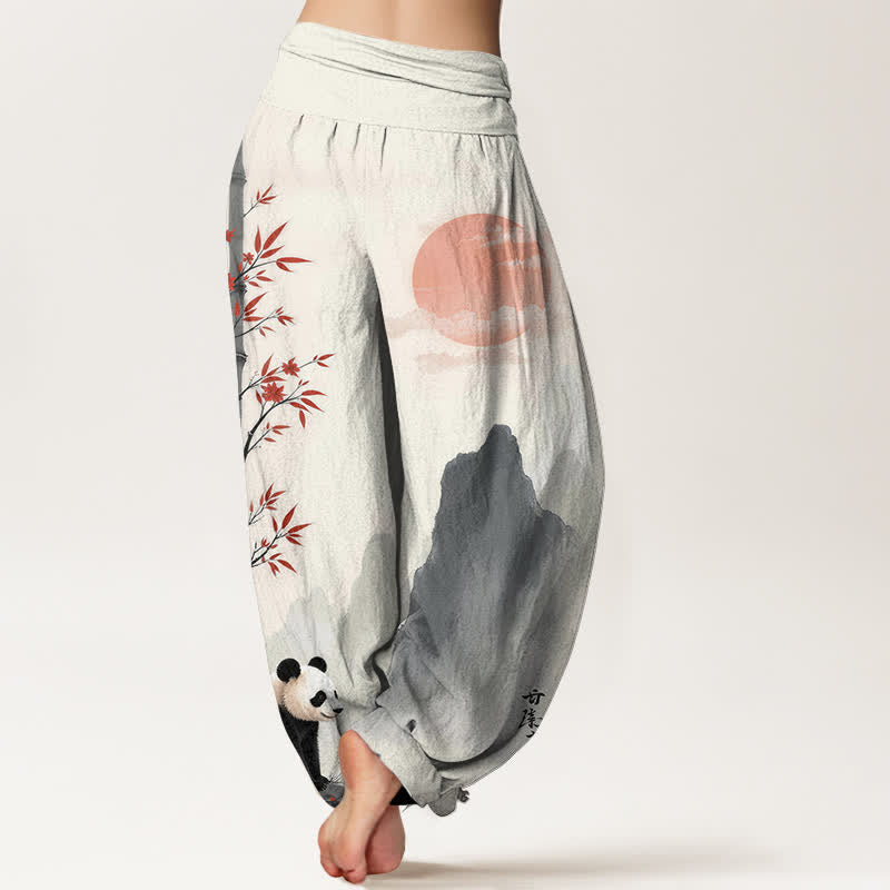 Buddha Stones Cotton Ink Bamboo Panda Pattern Women's Elastic Waist Harem Pants - image 1