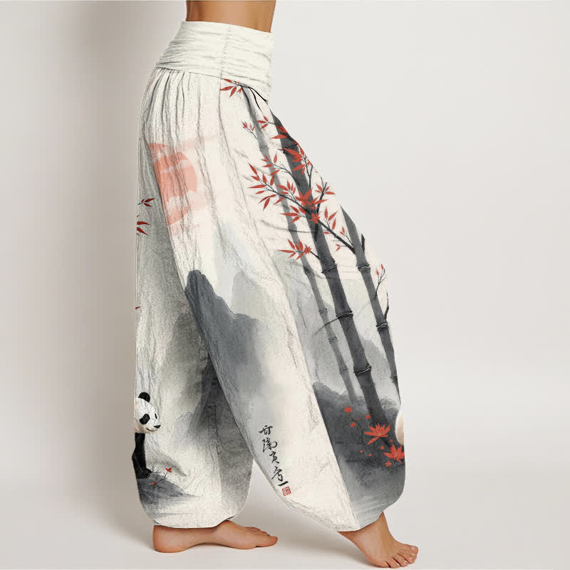 Buddha Stones Cotton Ink Bamboo Panda Pattern Women's Elastic Waist Harem Pants - image 2