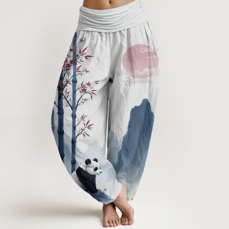 Buddha Stones Cotton Ink Bamboo Panda Pattern Women's Elastic Waist Harem Pants - WhiteSmoke - US16，UK/AU20，EU48 (3XL) - image 5