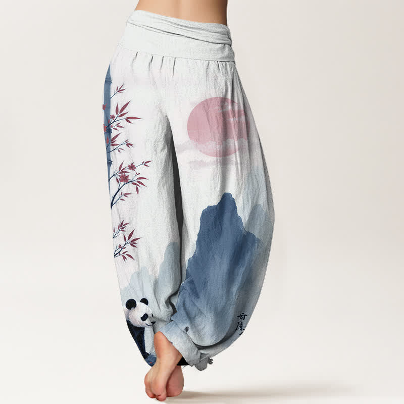 Buddha Stones Cotton Ink Bamboo Panda Pattern Women's Elastic Waist Harem Pants - image 6