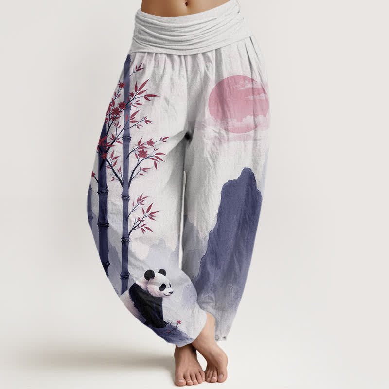 Buddha Stones Cotton Ink Bamboo Panda Pattern Women's Elastic Waist Harem Pants - White - US16，UK/AU20，EU48 (3XL) - image 8