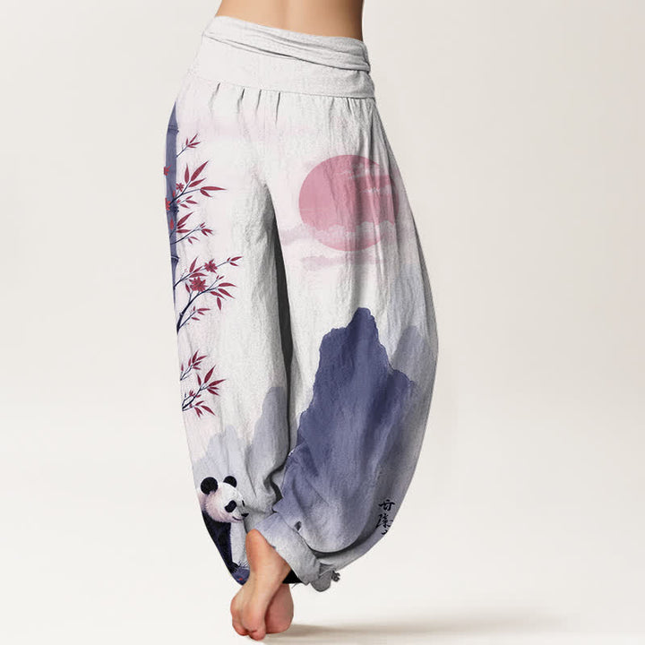 Buddha Stones Cotton Ink Bamboo Panda Pattern Women's Elastic Waist Harem Pants - image 9