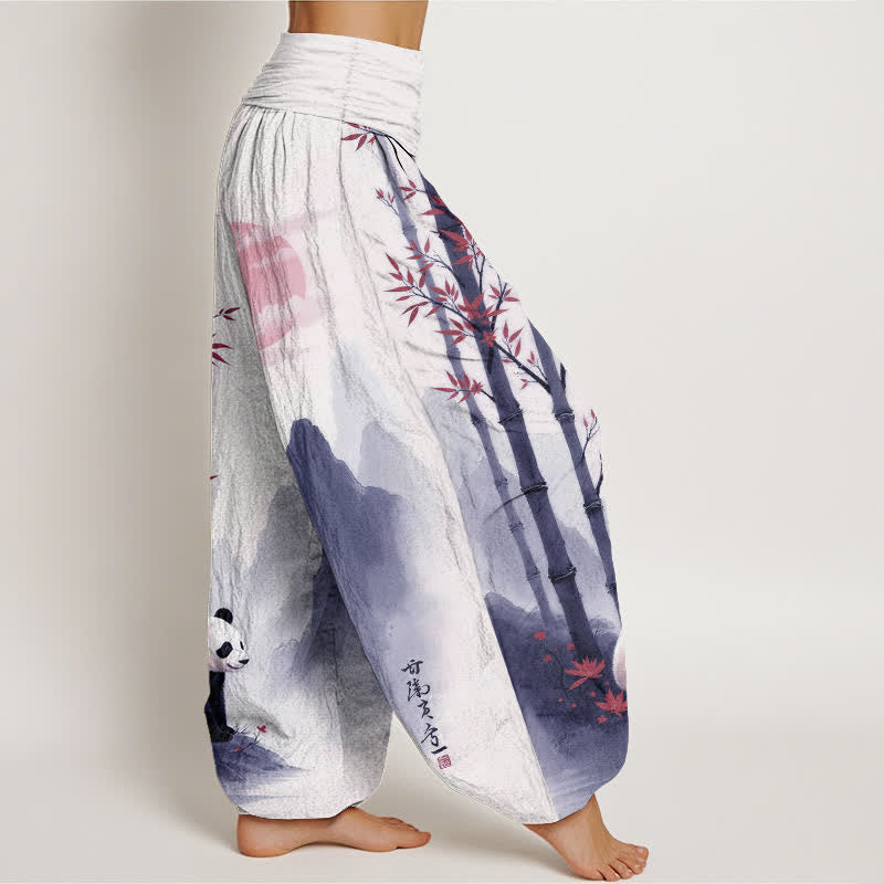 Buddha Stones Cotton Ink Bamboo Panda Pattern Women's Elastic Waist Harem Pants - image 10