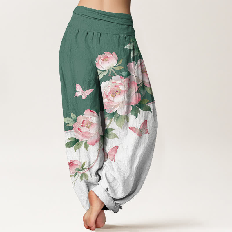 Buddha Stones Pure Cotton Floral Butterfly Pattern Women's Elastic Waist Harem Pants - image 6