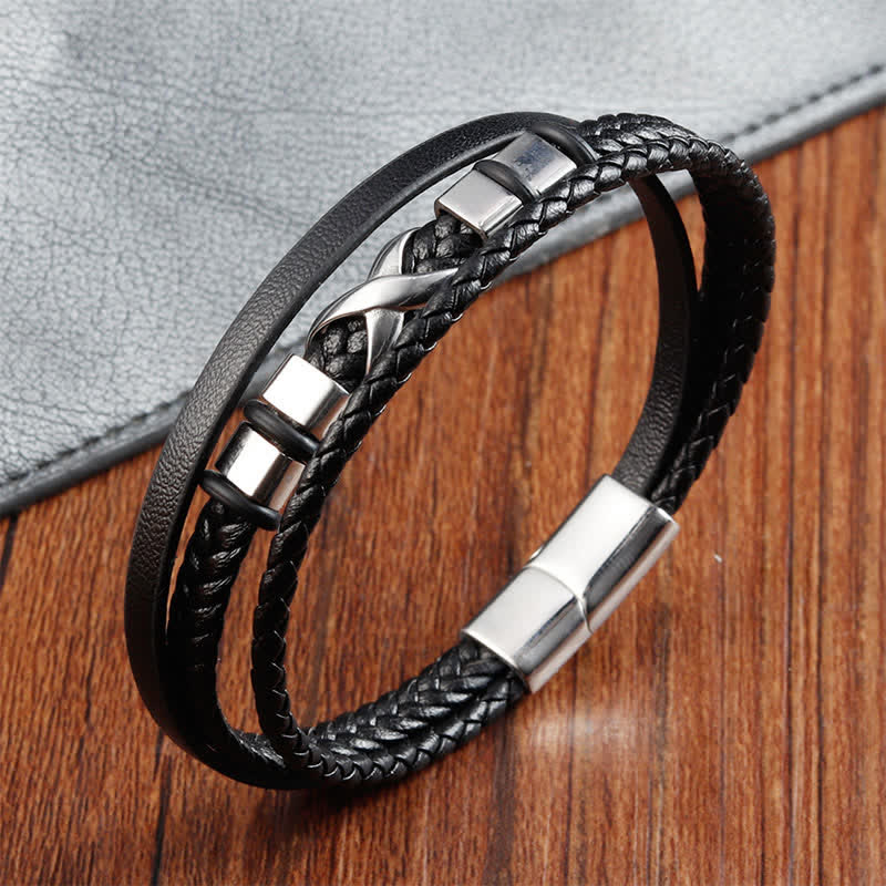 Buddha Stones Black Leather Titanium Steel Braided Strength Mens Bracelet - image 3