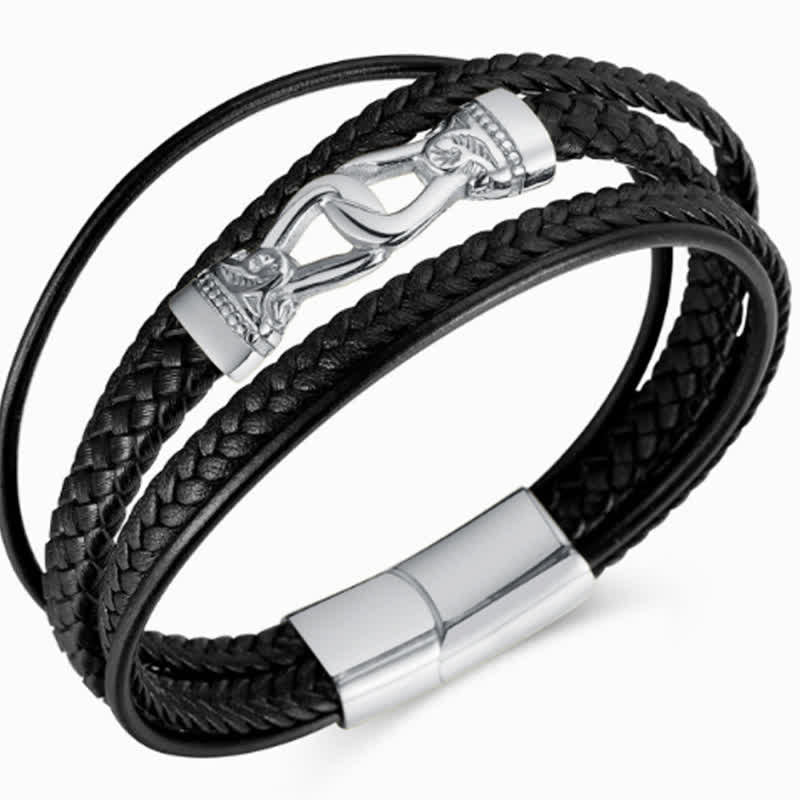 Buddha Stones Black Leather Braided Titanium Steel Durability Double Wrap Bracelet - image 7