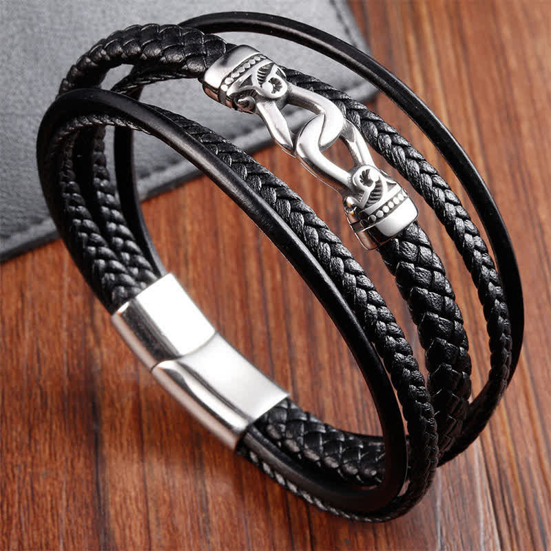 Buddha Stones Black Leather Braided Titanium Steel Durability Double Wrap Bracelet - Titanium Steel(Strengthen ♥ Stimulation) - image 0