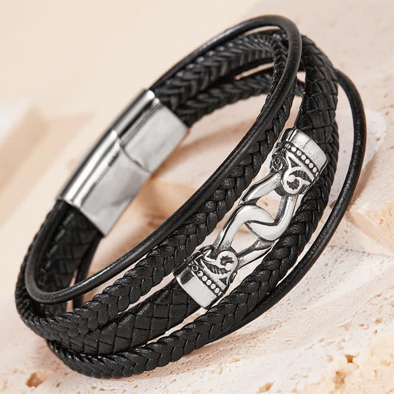 Buddha Stones Black Leather Braided Titanium Steel Durability Double Wrap Bracelet - image 1